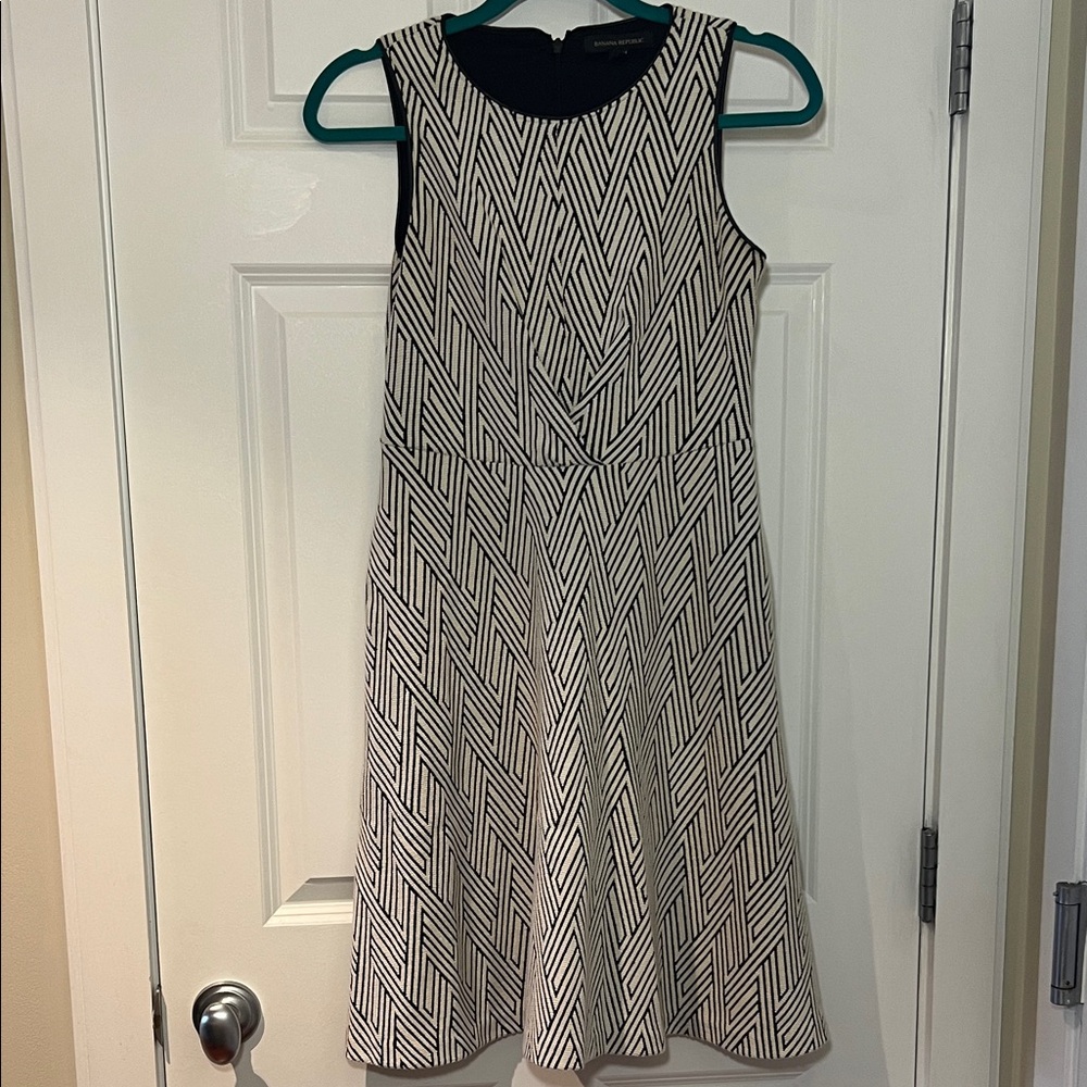 Banana Republic Black and White Geometric Dress with faux leather trim